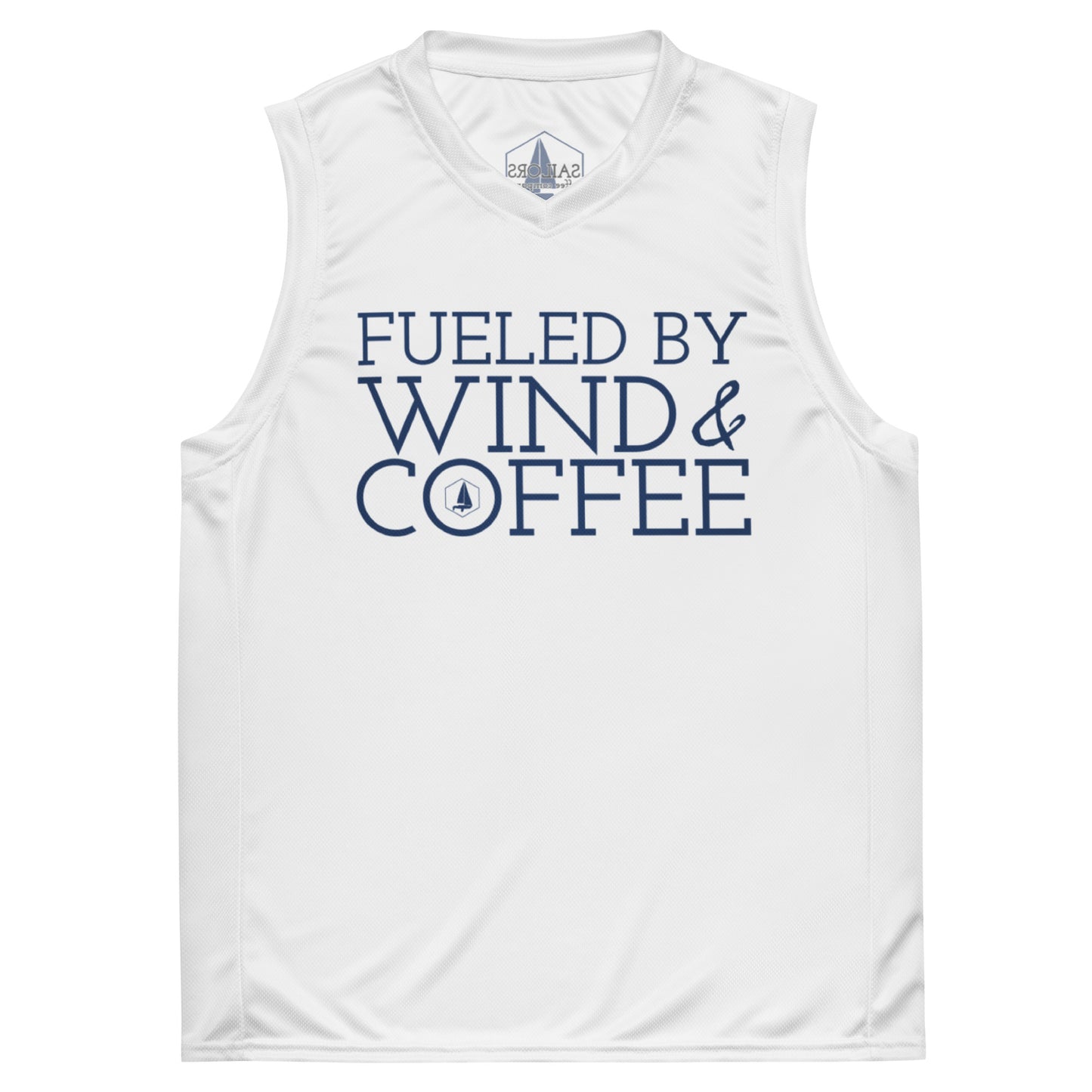 Recycled unisex basketball jersey (Fueled by Wind and Coffee)